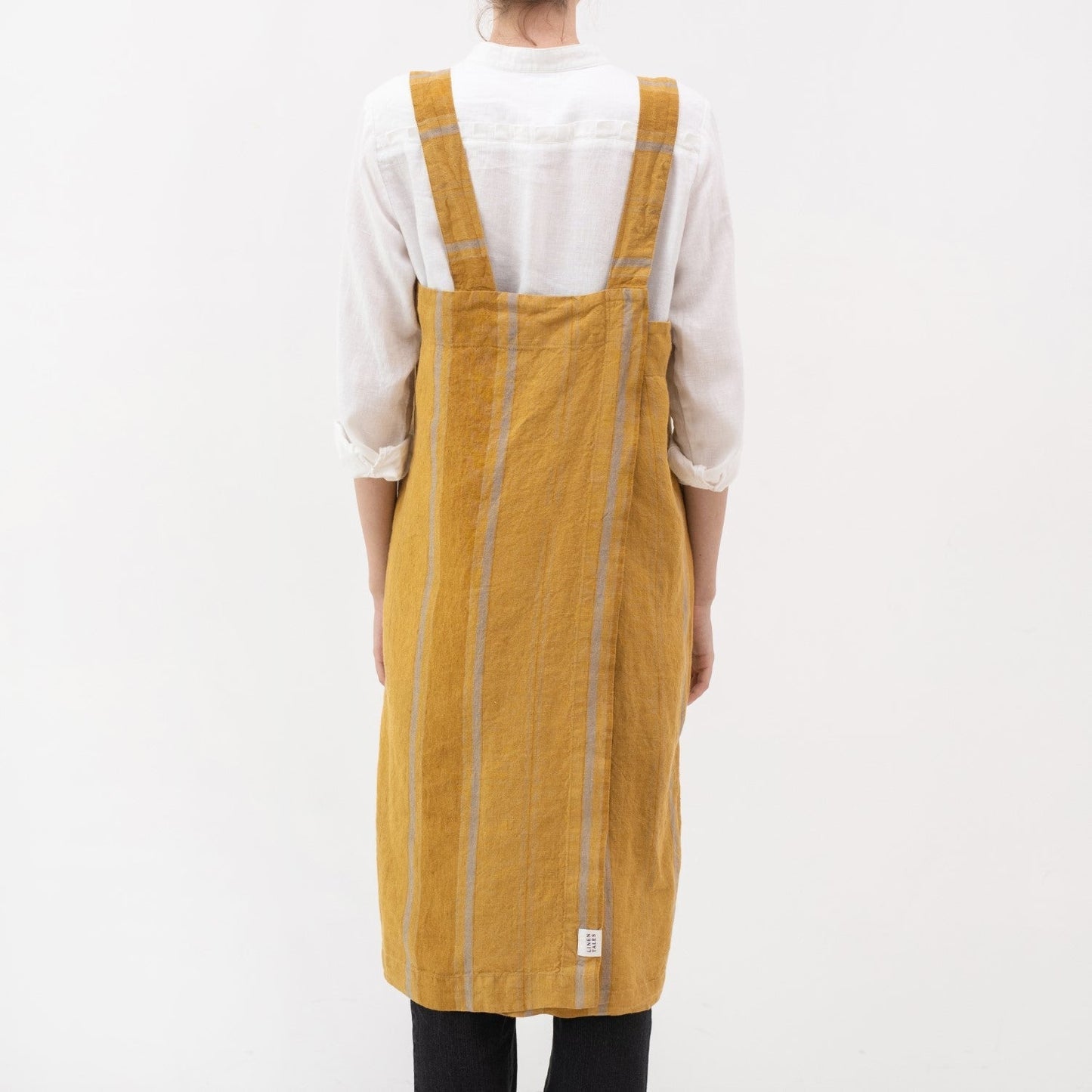 lino Tales Amber Bronze Stripes lino Pinafore prijuostė — naturalusdrabuziai.lt