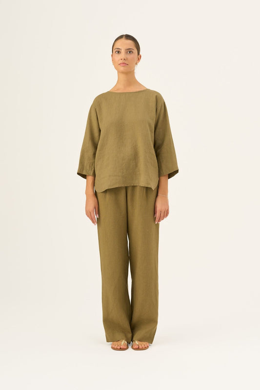 Olive Khaki lino Bilberry viršus — naturalusdrabuziai.lt