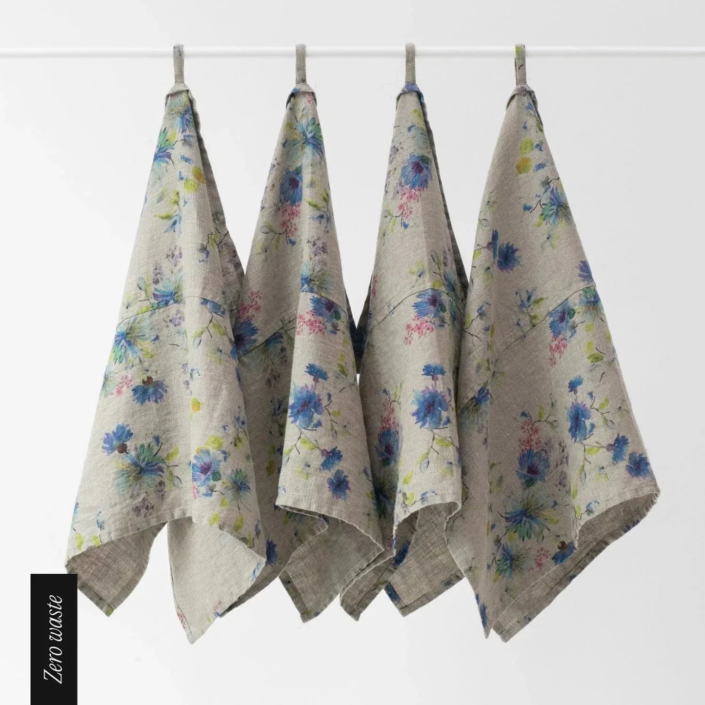 Zero Waste Flowers on Natural lino virtuvinė servetės rinkinys 4 vnt. — naturalusdrabuziai.lt