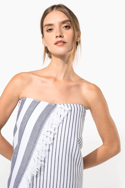 Dryžuotas medvilninis Fouta paplūdimio rankšluostis su kutais — naturalusdrabuziai.lt