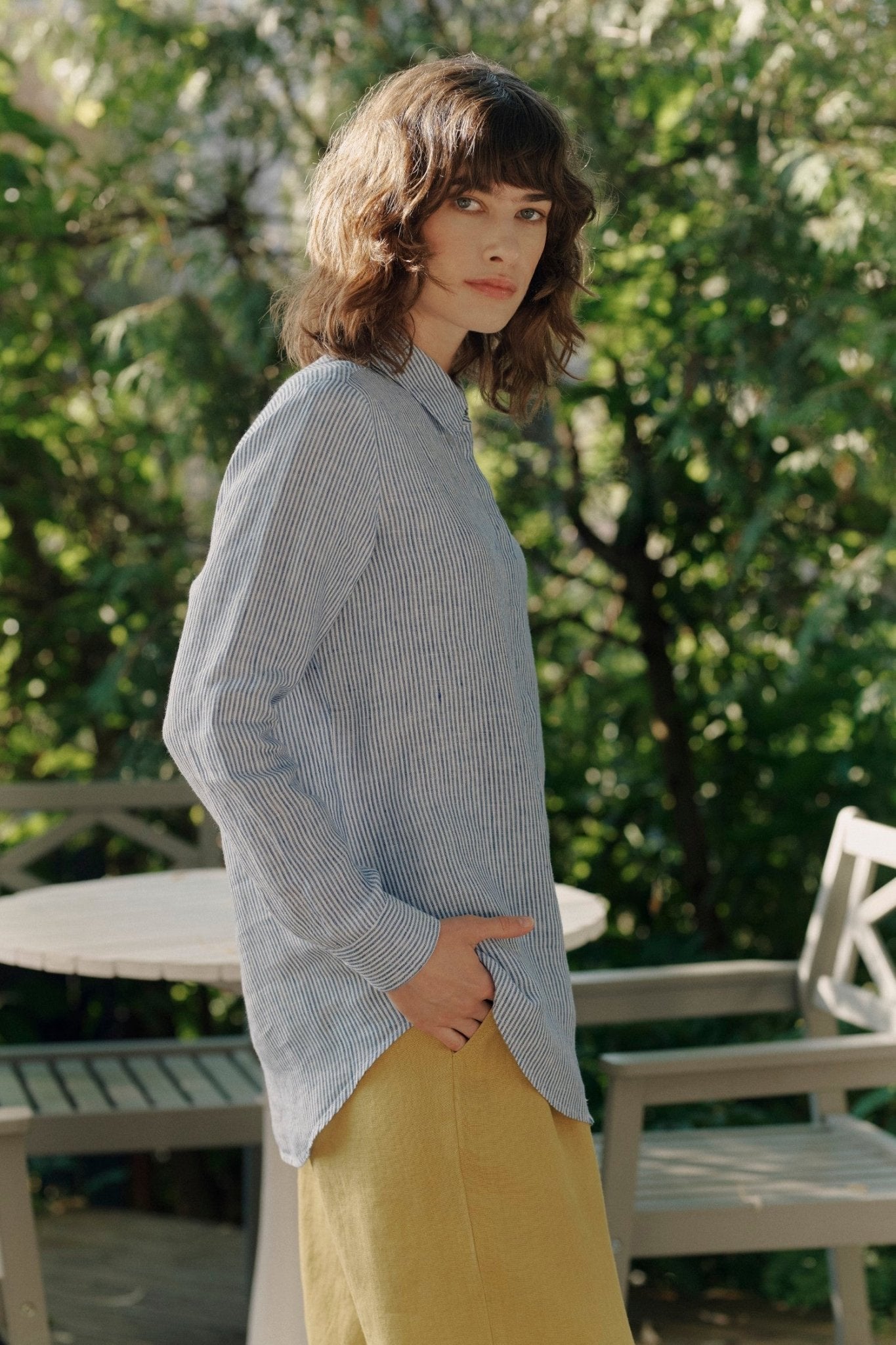 Blue White Stripes Linen Azalea Shirt
