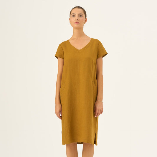 Bronze lino Goldenrod suknelė — naturalusdrabuziai.lt