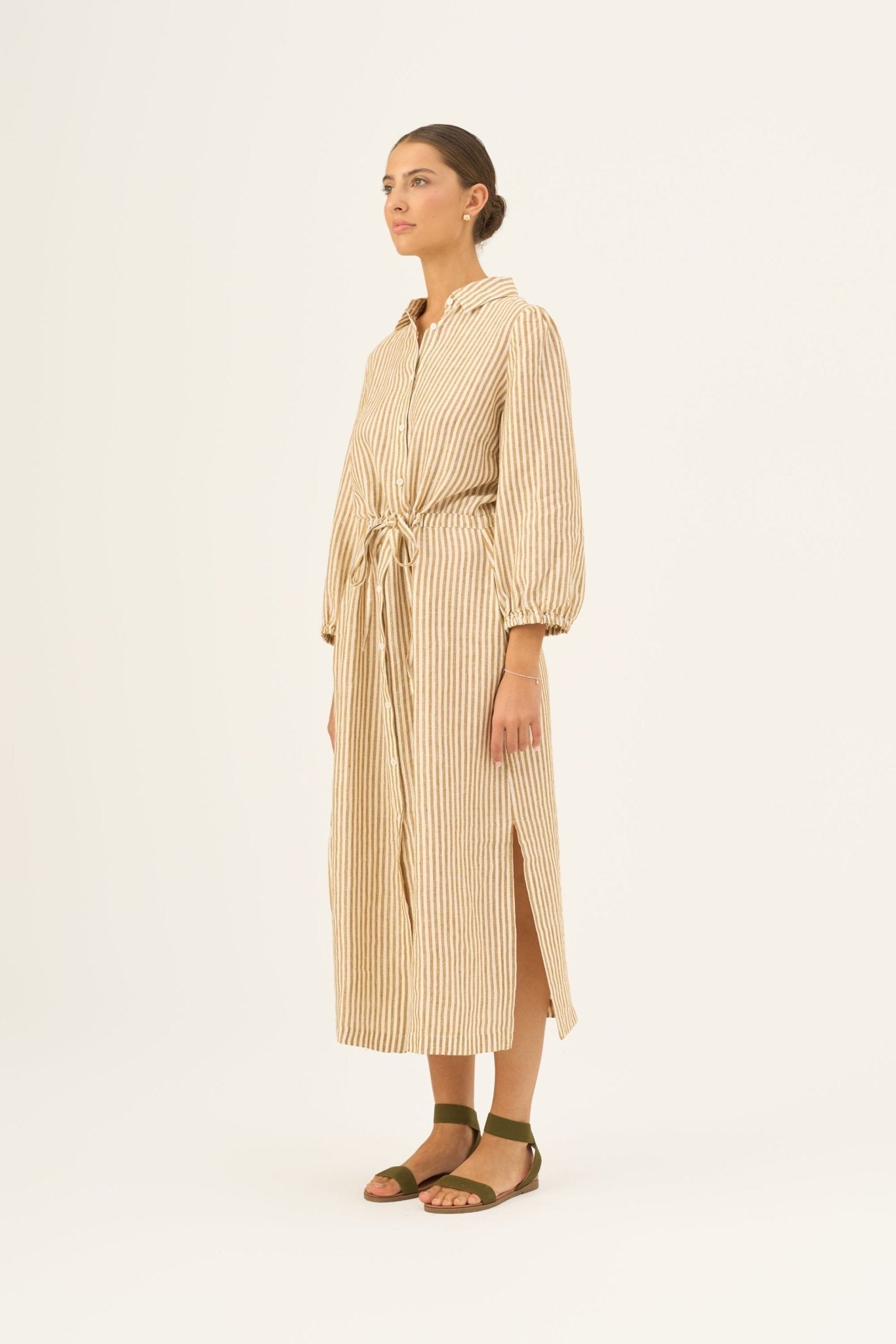 Bronze White Stripes Linen Rhapsody Dress
