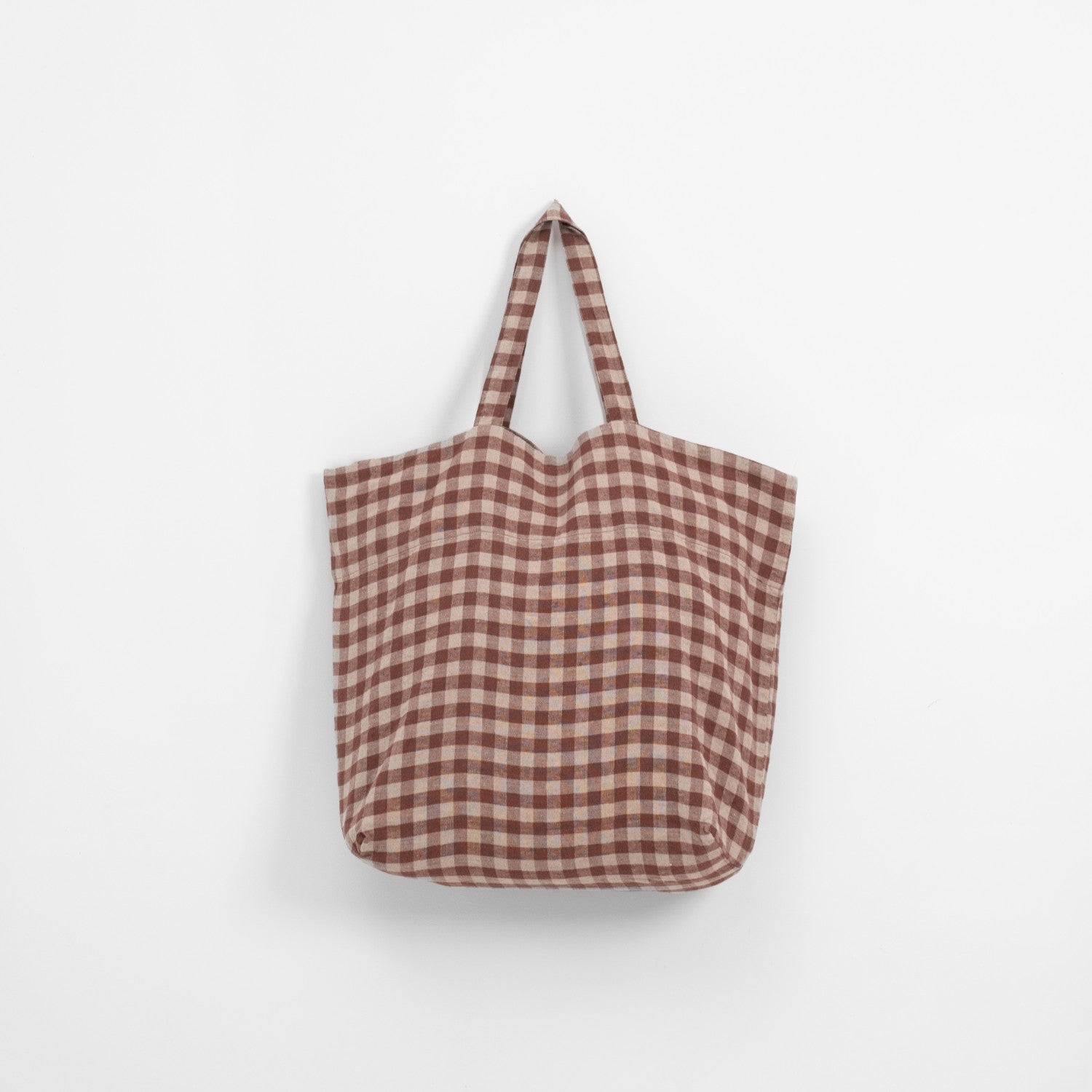 Chocolate Gingham lino didelis krepšys — naturalusdrabuziai.lt