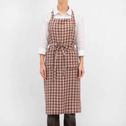 Chocolate Gingham lino šefo prijuostė — naturalusdrabuziai.lt