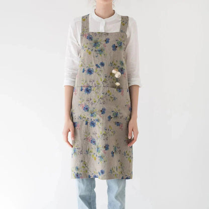 Flowers on Natural lino kryžminio tipo prijuostė — naturalusdrabuziai.lt