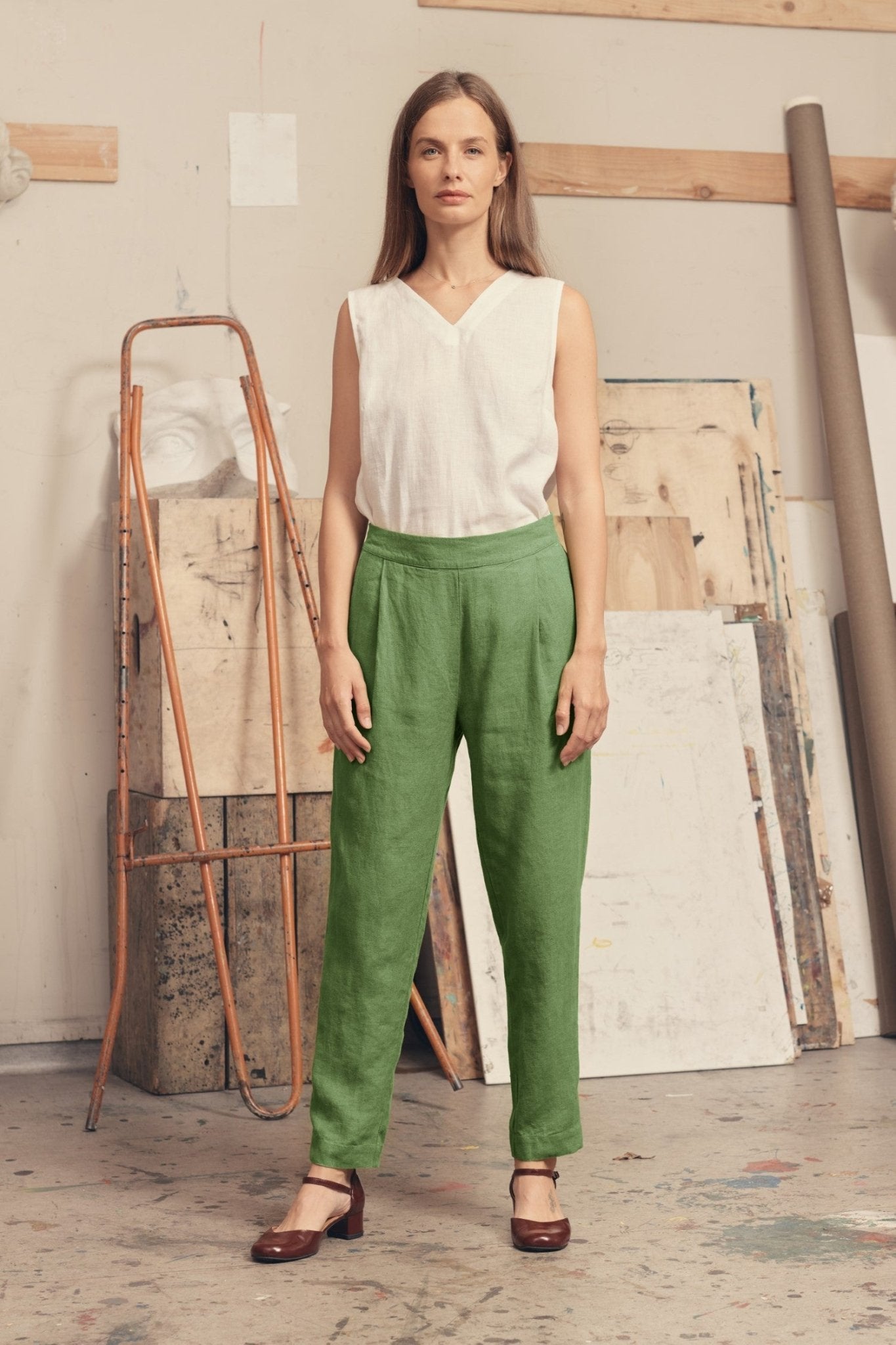 Foliage Green Linen Gladiolus Trousers