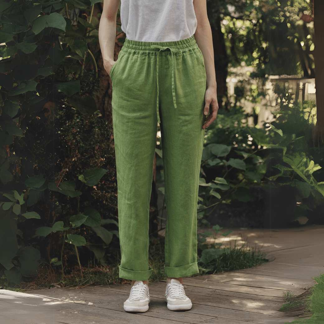 Foliage Green lino Octave kelnės — naturalusdrabuziai.lt