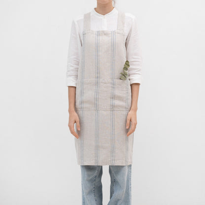 Grey Blue Wide Stripe Rustic lino kryžminio tipo prijuostė — naturalusdrabuziai.lt
