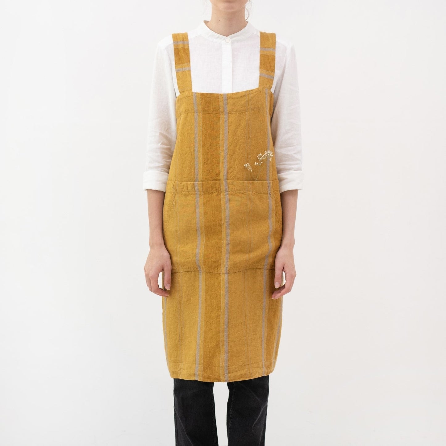 lino Tales Amber Bronze Stripes lino Pinafore prijuostė — naturalusdrabuziai.lt