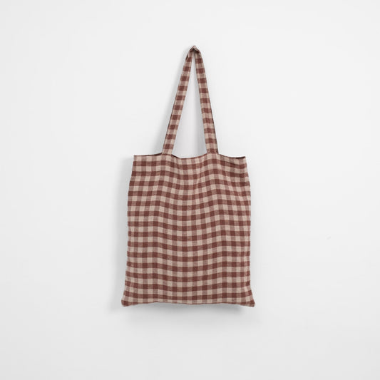 lino Tales Chocolate Gingham lino pirkinių krepšys — naturalusdrabuziai.lt