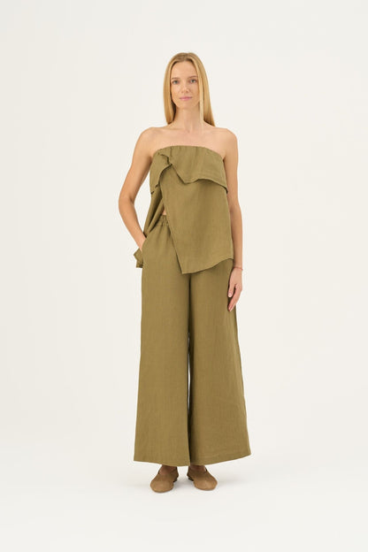 Olive Khaki lino Zayn kelnės — naturalusdrabuziai.lt