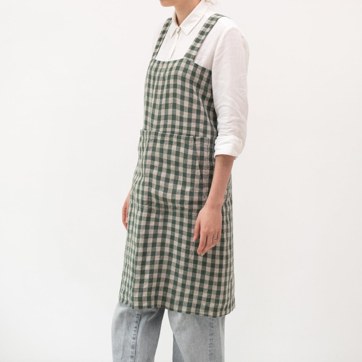 lino Tales Forest Green Gingham lino Pinafore prijuostė — naturalusdrabuziai.lt
