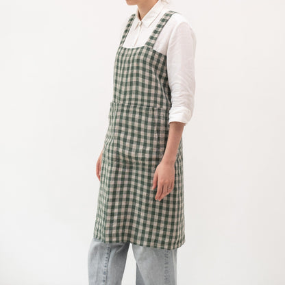 lino Tales Forest Green Gingham lino Pinafore prijuostė — naturalusdrabuziai.lt