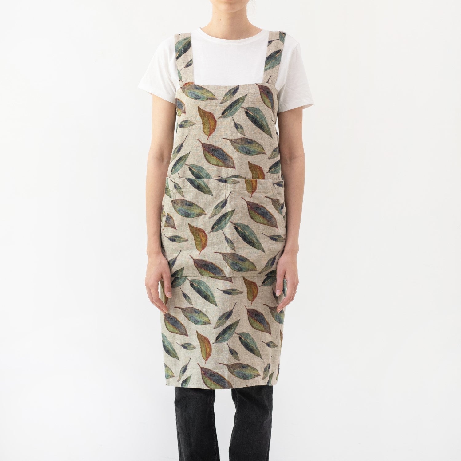 lino Tales Golden Fall on Dark Natural lino Pinafore prijuostė — naturalusdrabuziai.lt