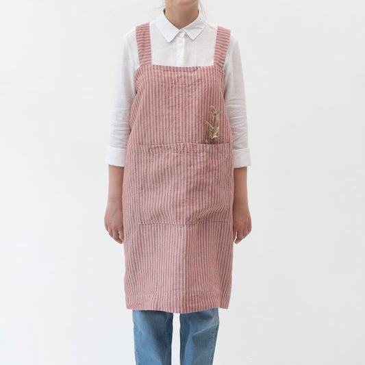lino Tales Red Natural Stripes lino Pinafore prijuostė — naturalusdrabuziai.lt