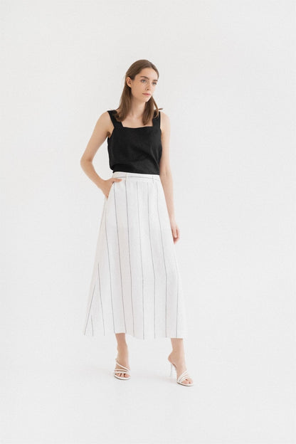Milk White with Grey Stripe lino Jasmine sijonas — naturalusdrabuziai.lt