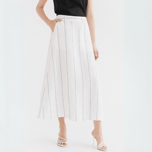 Milk White with Grey Stripe lino Jasmine sijonas — naturalusdrabuziai.lt