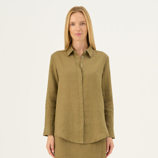 Olive Khaki lino Azalea marškiniai — naturalusdrabuziai.lt