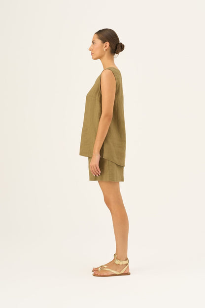 Olive Khaki lino Daffodil viršus — naturalusdrabuziai.lt