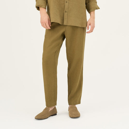 Olive Khaki lino Magnus kelnės — naturalusdrabuziai.lt