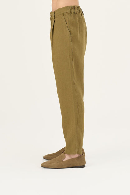Olive Khaki lino Magnus kelnės — naturalusdrabuziai.lt