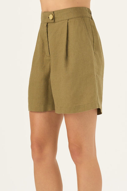 Olive Khaki lino Mirabilis šortai — naturalusdrabuziai.lt