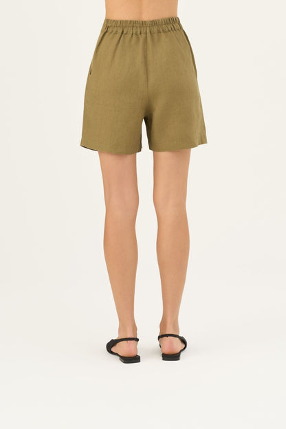 Olive Khaki lino Mirabilis šortai — naturalusdrabuziai.lt