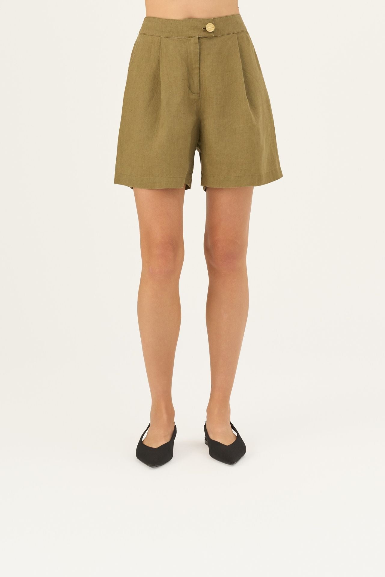 Olive Khaki lino Mirabilis šortai — naturalusdrabuziai.lt