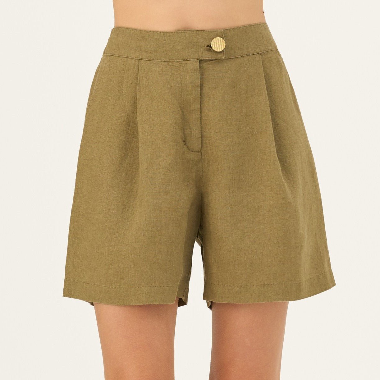 Olive Khaki lino Mirabilis šortai — naturalusdrabuziai.lt