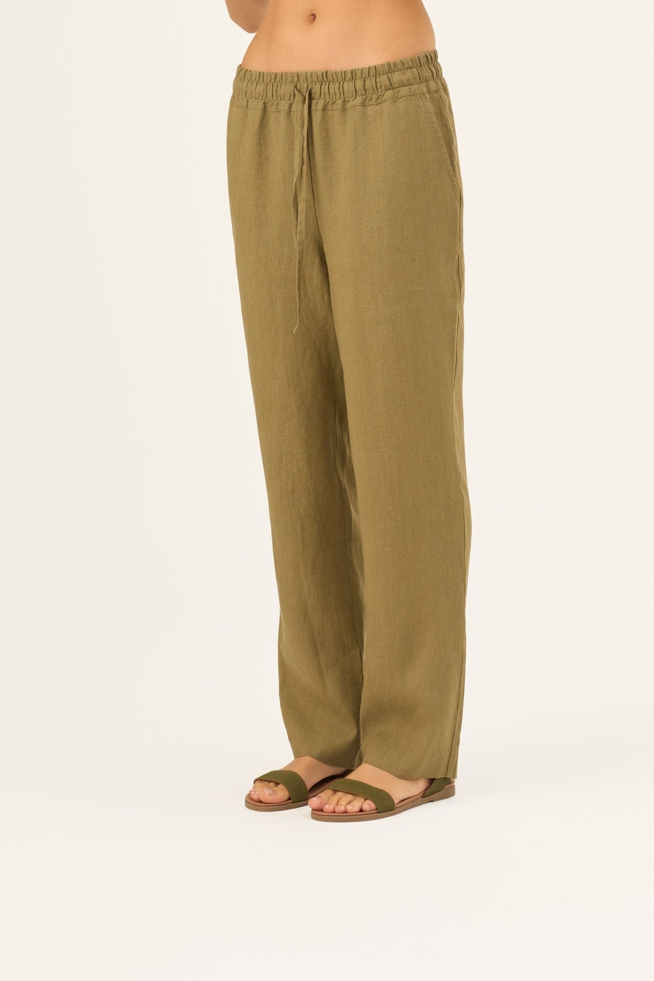 Olive Khaki lino Octave kelnės — naturalusdrabuziai.lt