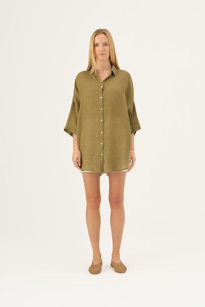 Olive Khaki lino Oregano marškiniai — naturalusdrabuziai.lt