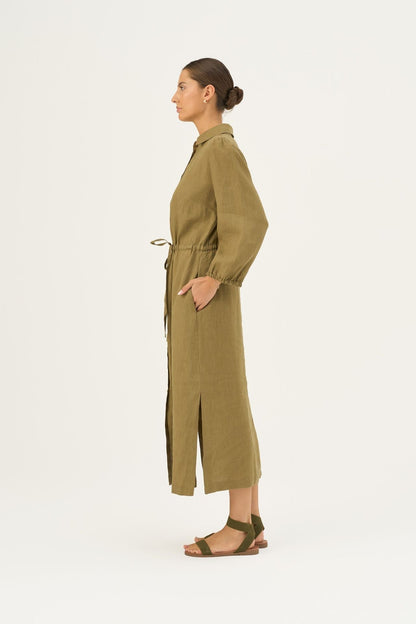 Olive Khaki lino Rhapsody suknelė — naturalusdrabuziai.lt