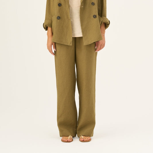 Olive Khaki lino Willow kelnės — naturalusdrabuziai.lt
