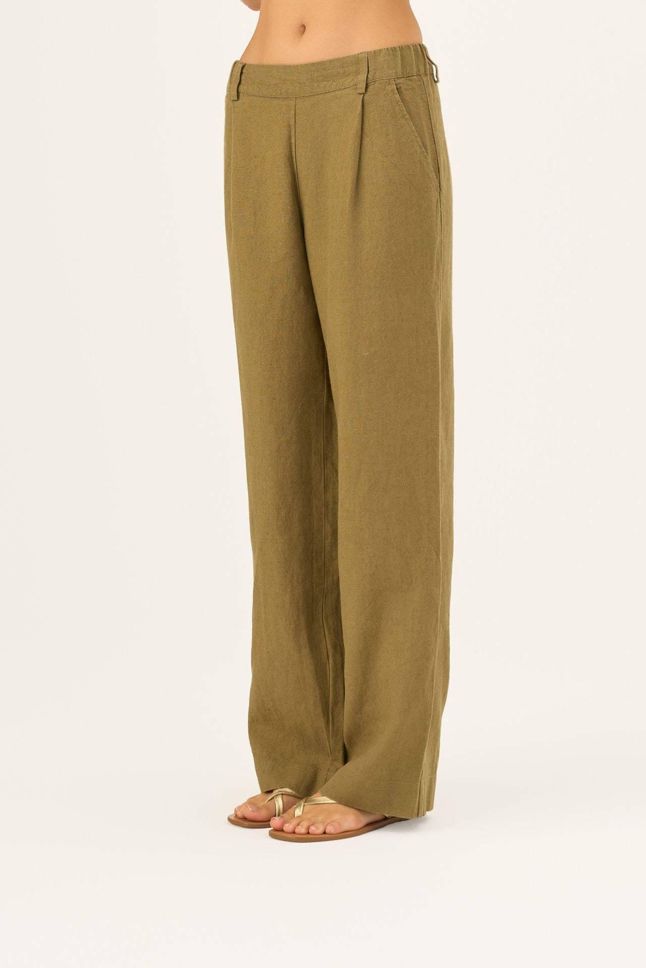 Olive Khaki lino Willow kelnės — naturalusdrabuziai.lt