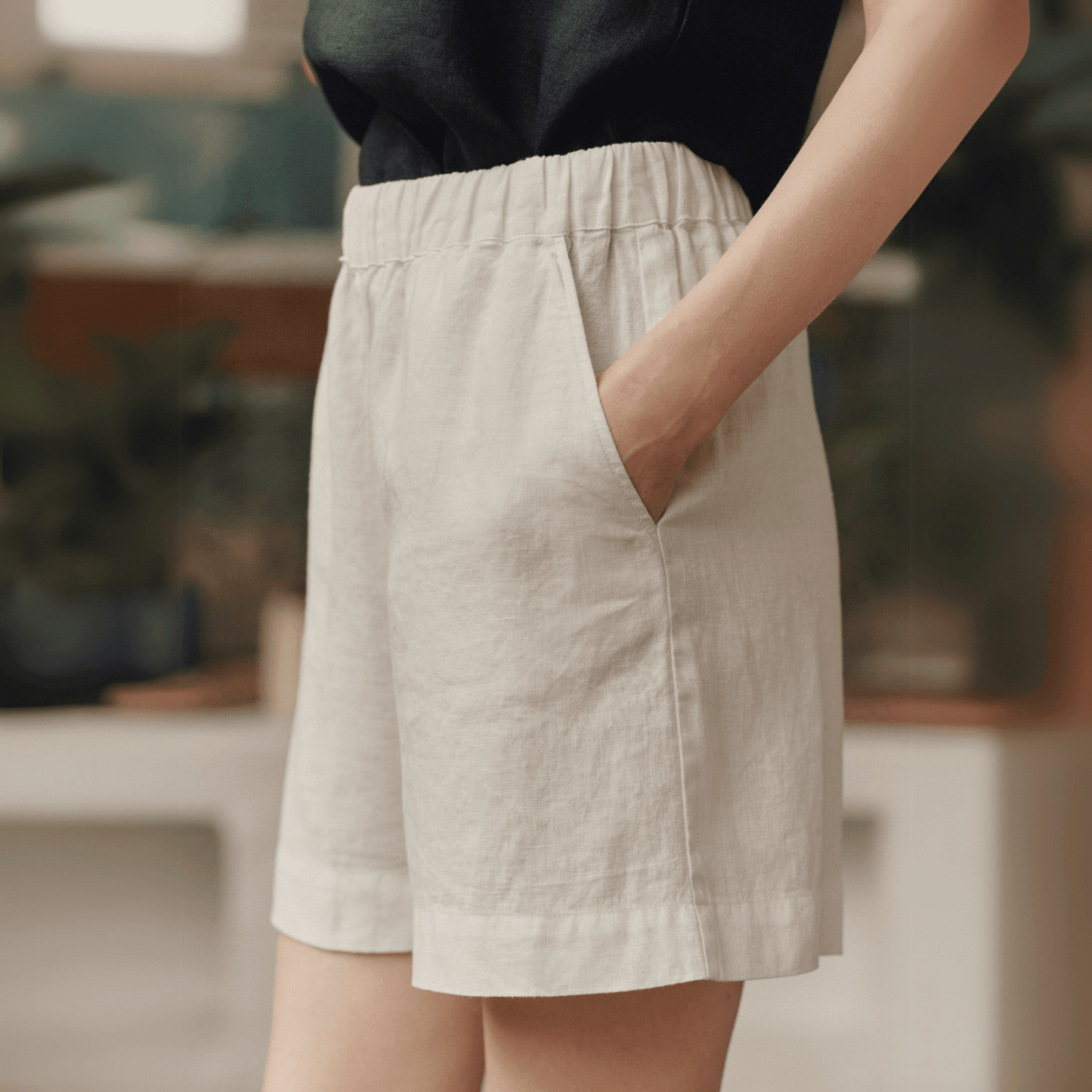 Optical White Linen Hip-Hop Shorts