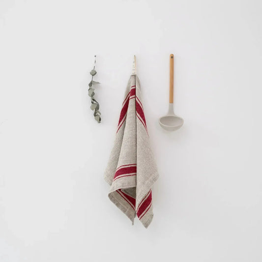 Red Stripe Vintage lino virtuvinė servetė — naturalusdrabuziai.lt