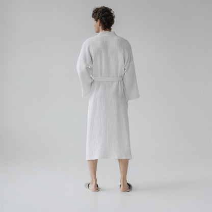White lino & medvilnės Honeycomb Waffle chalatas — naturalusdrabuziai.lt