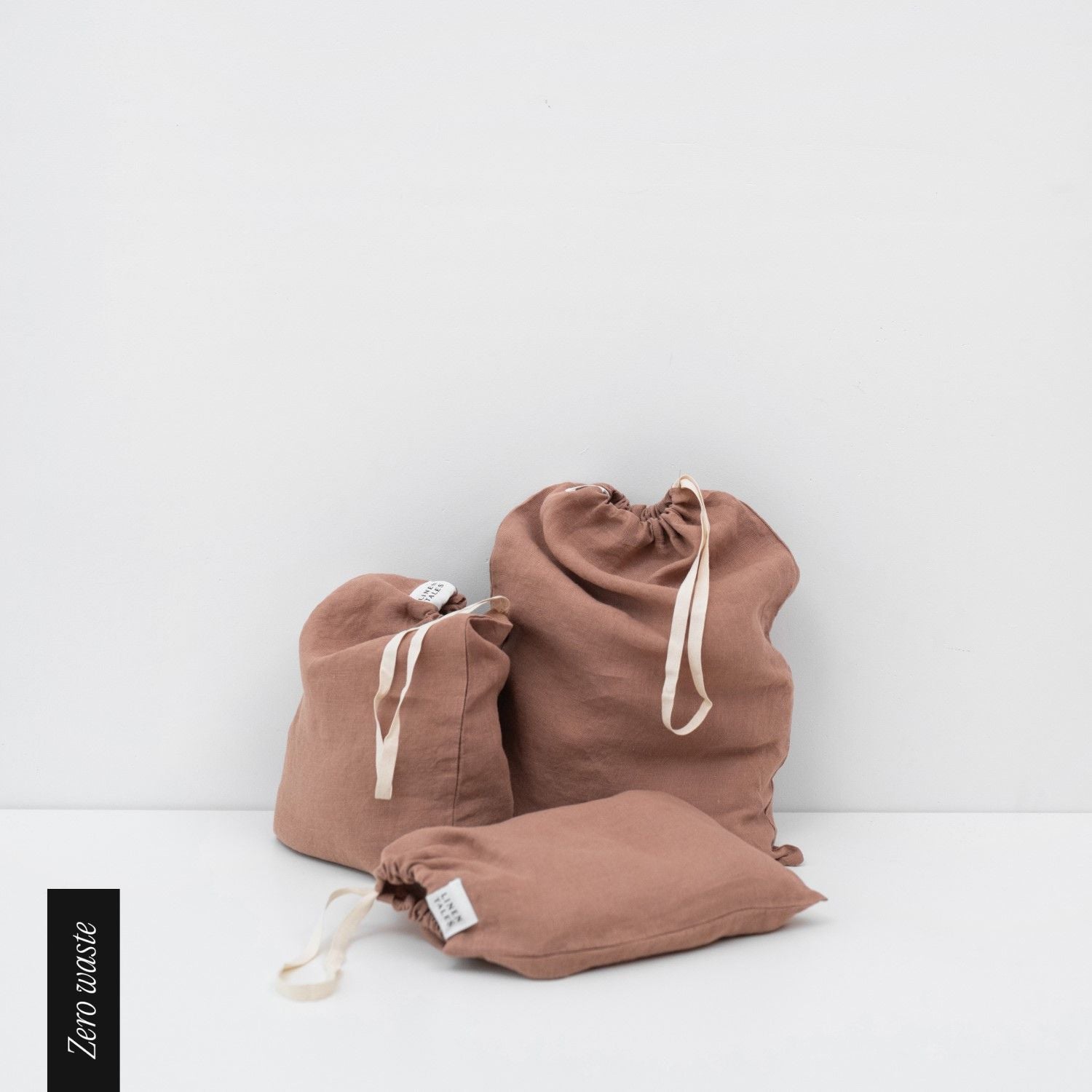 Zero Waste Cafe Creme lino Drawstring Bags rinkinys of 3 — naturalusdrabuziai.lt