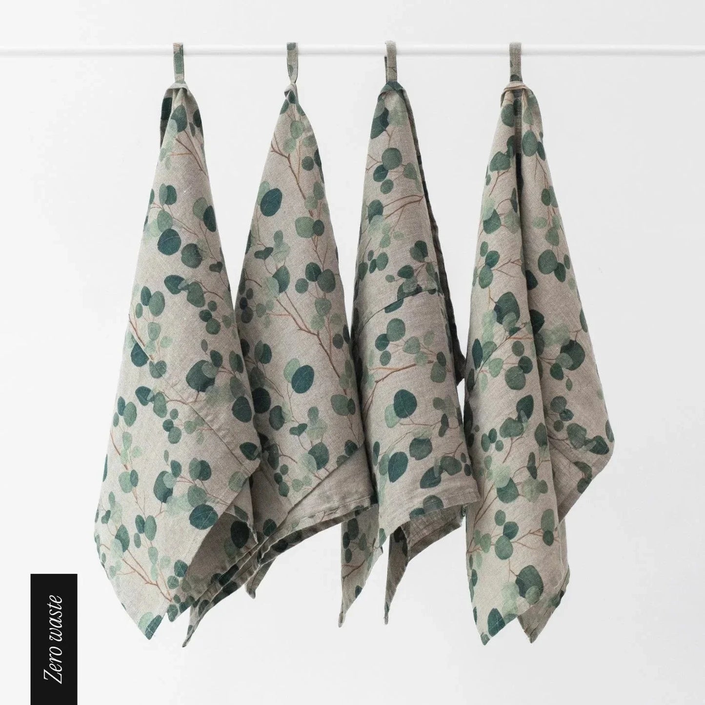 Zero Waste Eucalyptus on Natural lino virtuvinė servetės rinkinys 4 vnt. — naturalusdrabuziai.lt