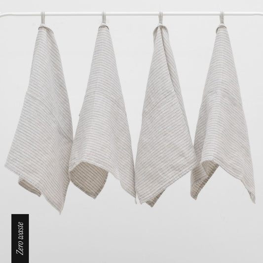 Zero Waste Grey Blue Pinstripe Rustic lino virtuvinė servetės rinkinys 4 vnt. — naturalusdrabuziai.lt