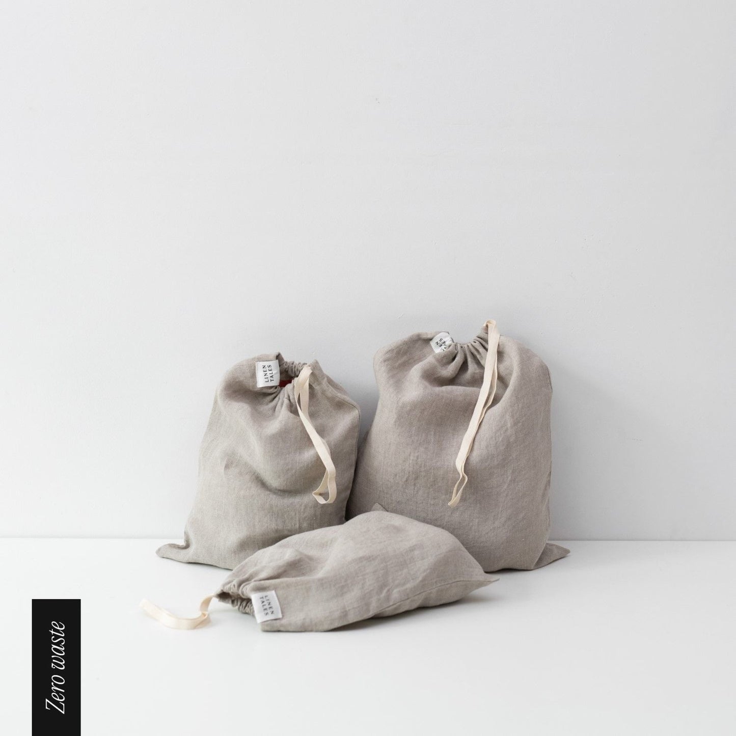 Zero Waste Natural lino Drawstring Bags rinkinys of 3 — naturalusdrabuziai.lt