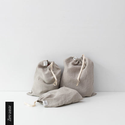 Zero Waste Natural lino Drawstring Bags rinkinys of 3 — naturalusdrabuziai.lt