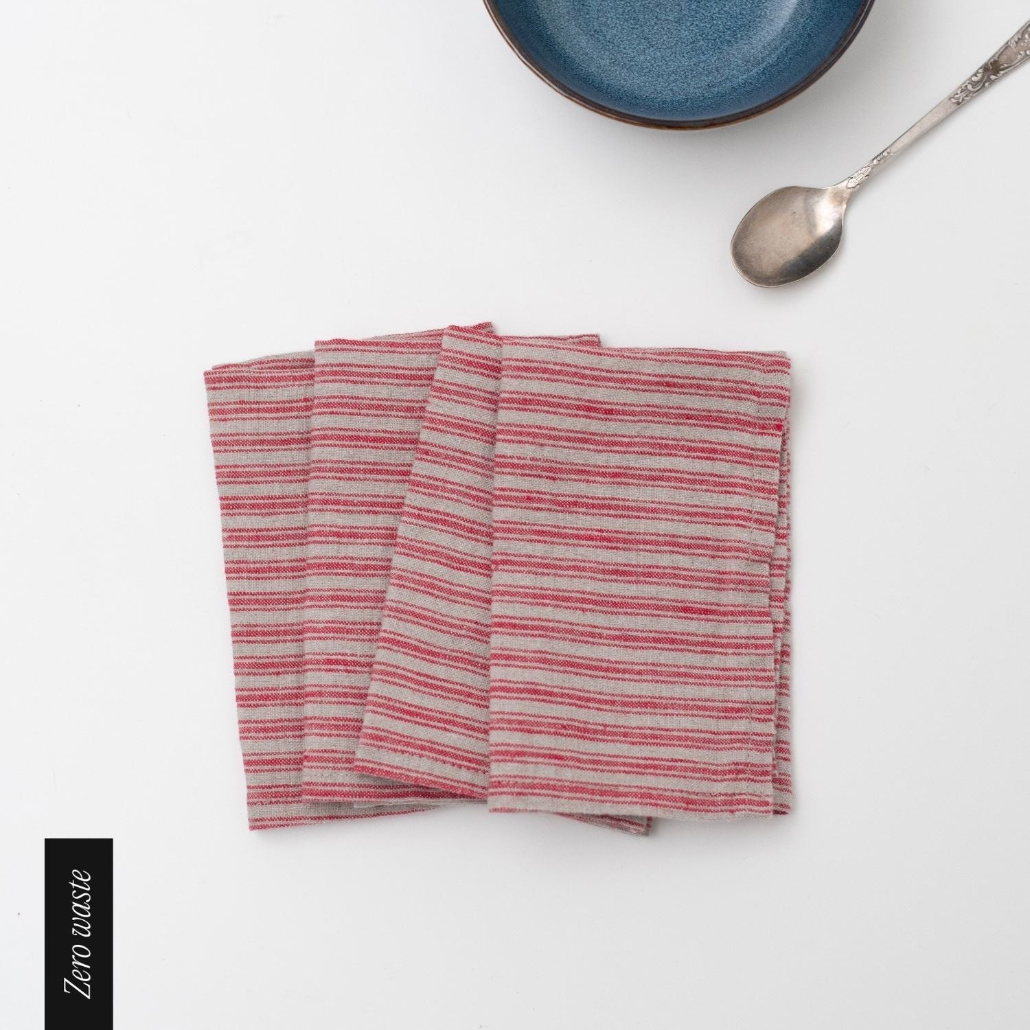 Zero Waste Red Natural Stripes lino servetėlių rinkinys 4 vnt. — naturalusdrabuziai.lt