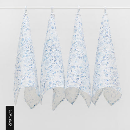 Zero Waste White Botanical Blue lino virtuvinė servetės rinkinys 4 vnt. — naturalusdrabuziai.lt